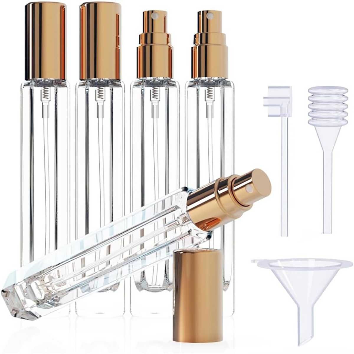 15-Piece/3-Set Gold Premium Glass Travel Perfume Atomizer Set - 10ml Portable Refillable Sprayers with Transfer Tools