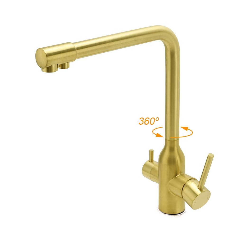 WELS Brushed Gold 3 Ways Kitchen Mixer Tap Swivel Spout Pure Water Sink Faucet Set