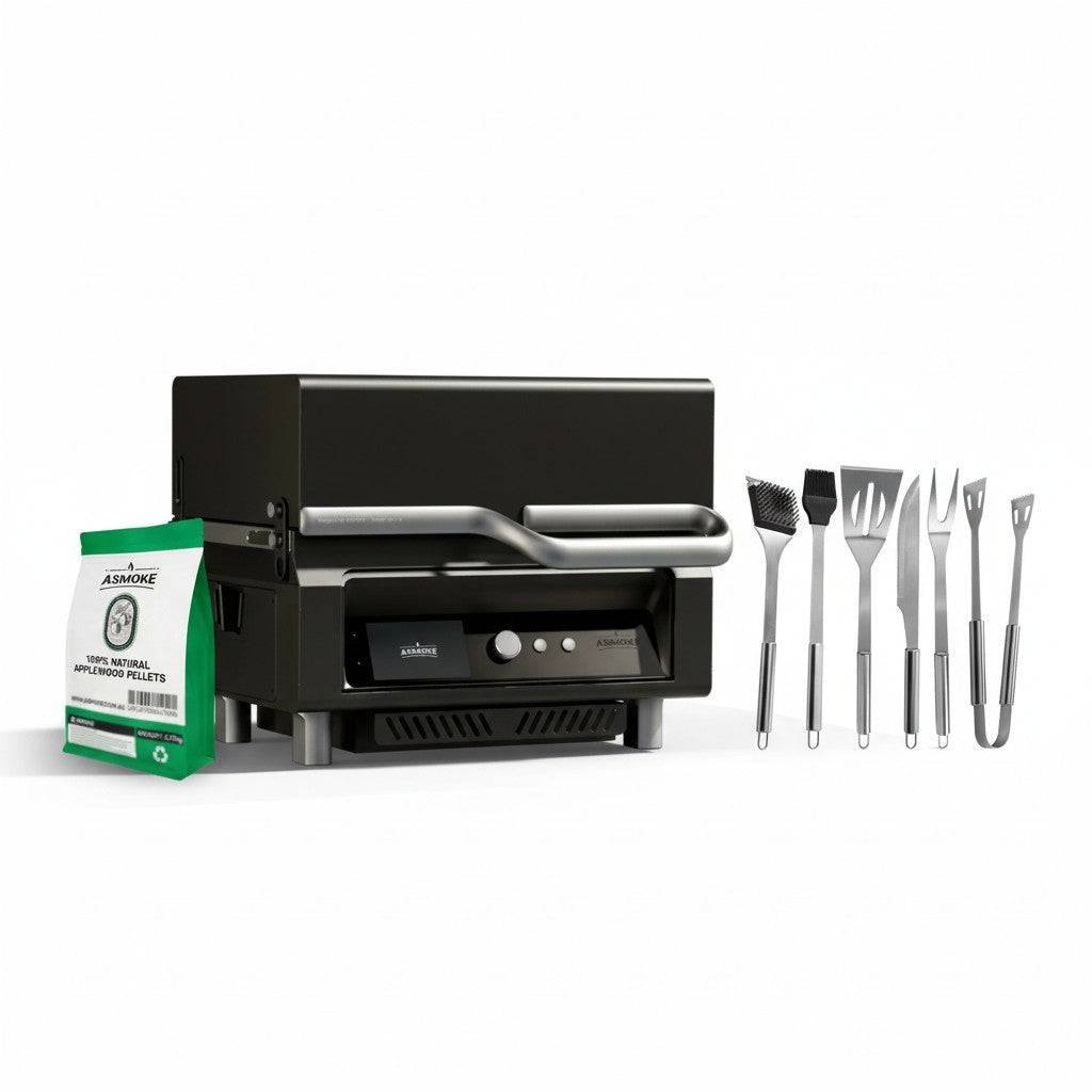 ASMOKE Essential Portable Smart Wood Pellet Grill Smoker & 6pc BBQ Tool Set + 5lb Applewood Pellets Bundle