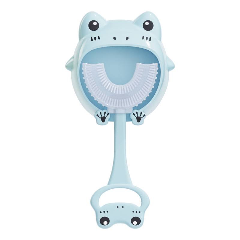 Blue frog U-Shaped Kids Toothbrush - Food Grade Silicone Manual Toothbrush for 2-12 Year Olds - 360 degree Full Mouth Cleaning Baby Oral Care - Comes with Wall Mount Holder