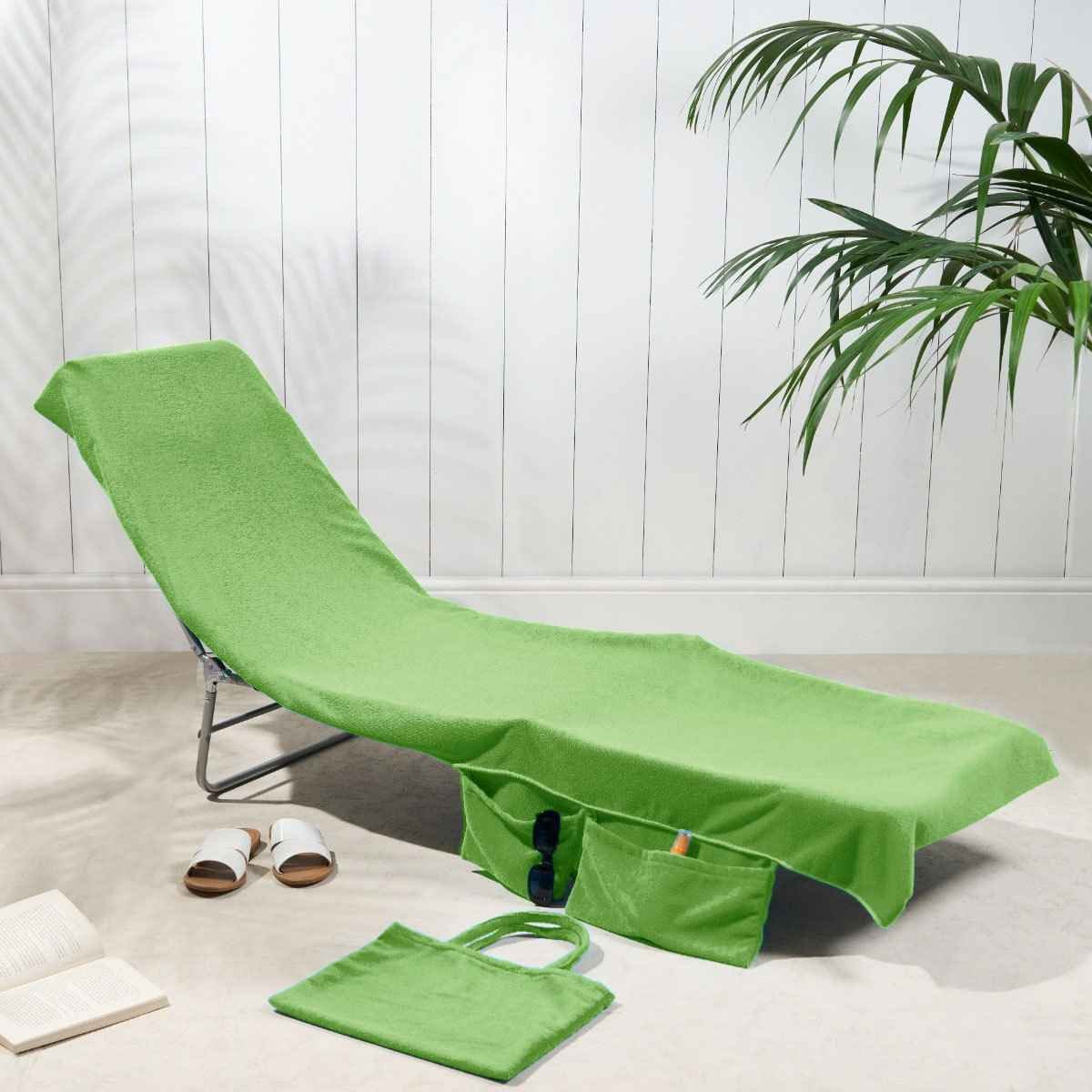 2-in-1 Green Microfiber Sun Lounger Towel & Portable Tote Bag - Sand-Free & Quick Dry Beach Chair Cover with Side Pockets (75x211cm)