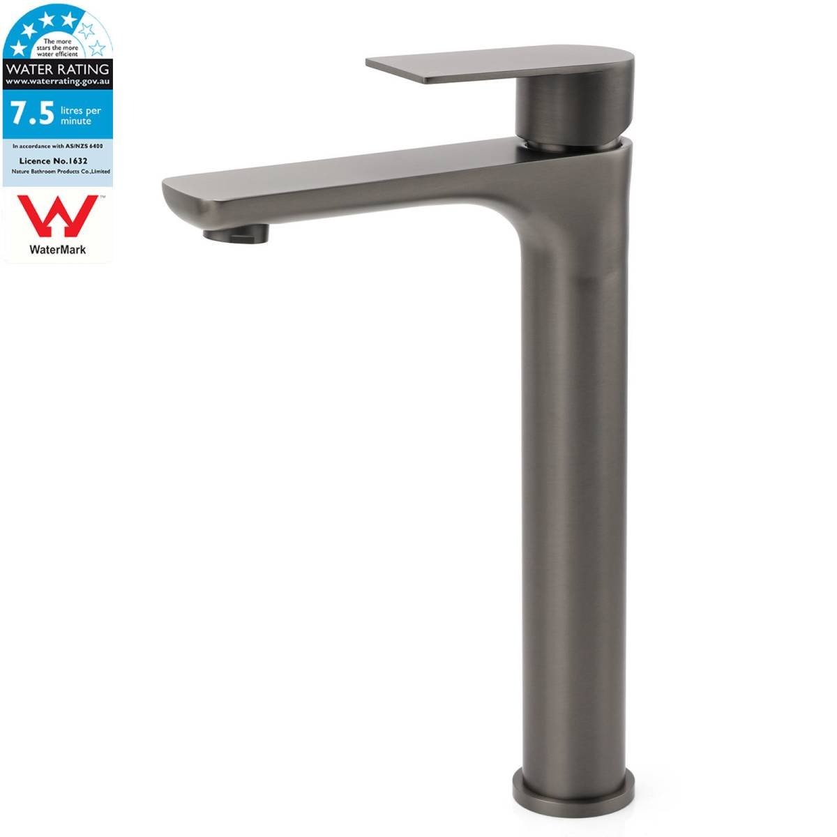 WELS Gun Metal Grey Round High Rise Basin Mixer Bathroom Vanity Faucet Tapware