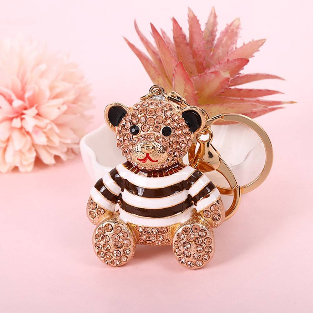 Peach Stripe Crystal Bear Keychain Sparkly Rhinestone Bag Charm Cute Alloy Keyring Gift 