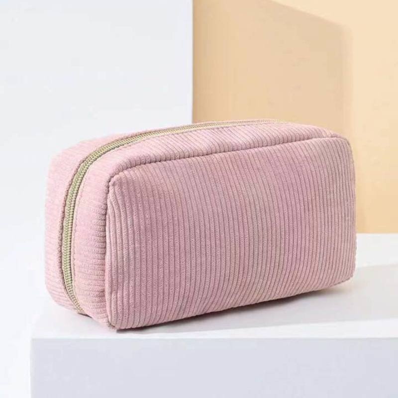 Pink Corduroy Cosmetic Bag Large Capacity 20cm Makeup Pouch for Lipstick Jewelry and Keys - Soft Portable Travel Toiletry Organiser