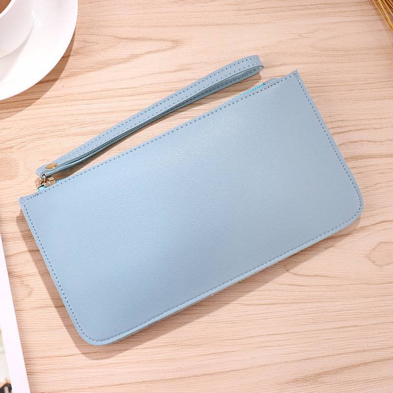Light blue Women's Soft PU Leather Double-Layer Zip Wallet with Wrist Strap – Spacious Card, Cash and Phone Holder for Students and Everyday Use in Australia