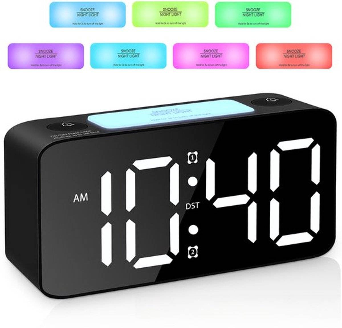 Digital Night Light - Extra Powerful - 7-Color Night Light - Ideal for Heavy Sleepers - Adjustable Volume and USB Charging - Place on the Bedside Table - Black