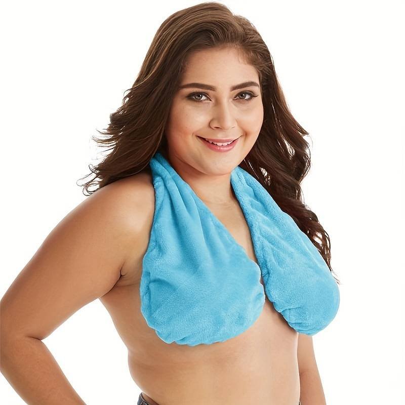 Blue Breathable Wool Towel Bra with Supportive Anti-Chafe Deisgn - Sweat-Wicking Halter Neck Lounge Bralette (L Size)