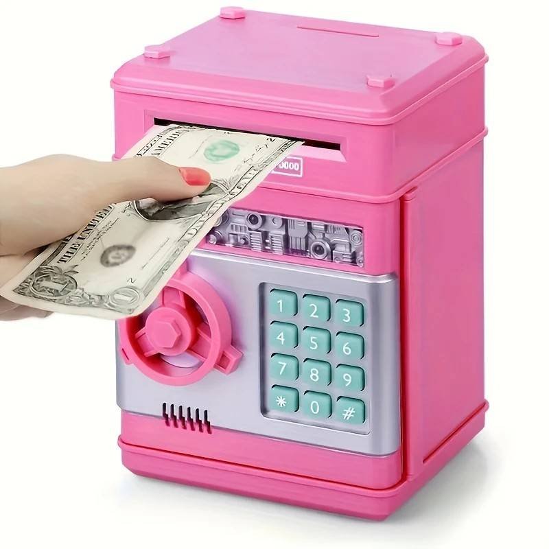 PINK Children's Password Piggy Bank, Stores Coins & Paper Money, Auto Roll-Up, Sound & Light Interaction, Fosters Good Savings Habits. Battery Not Included