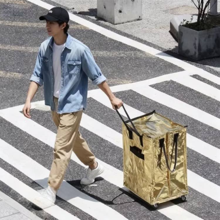 Blue Portable Folding Shopping Trolley Bag(50x40x30CM) - Durable Woven Fabric, Reusable Grocery Bag with Wheels for Effortless Travel