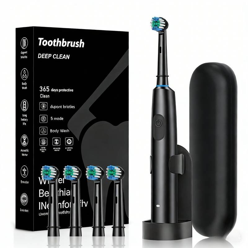 Black Rotating Round Head Electric Toothbrush Kit with 4 Heads, Case & Stand - 3D Oscillating Mechanical Cleaning for Deep Plaque Removal
