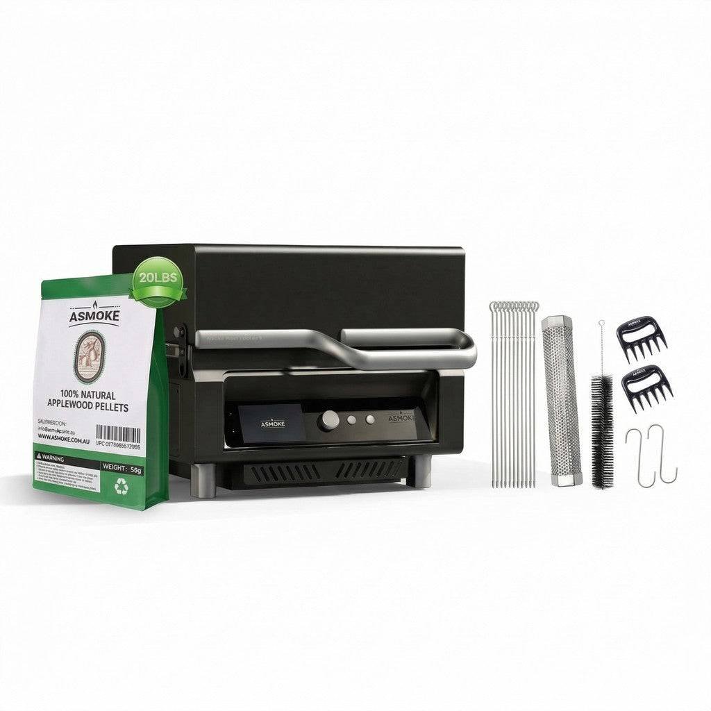 ASMOKE Essential Smart Portable Wood Pellet Grill & Pitmaster Accessory Bundle - Includes 10x Skewers, Heavy-Duty Meat Claws, Smoke Tube & 20lb Applewood Pellets