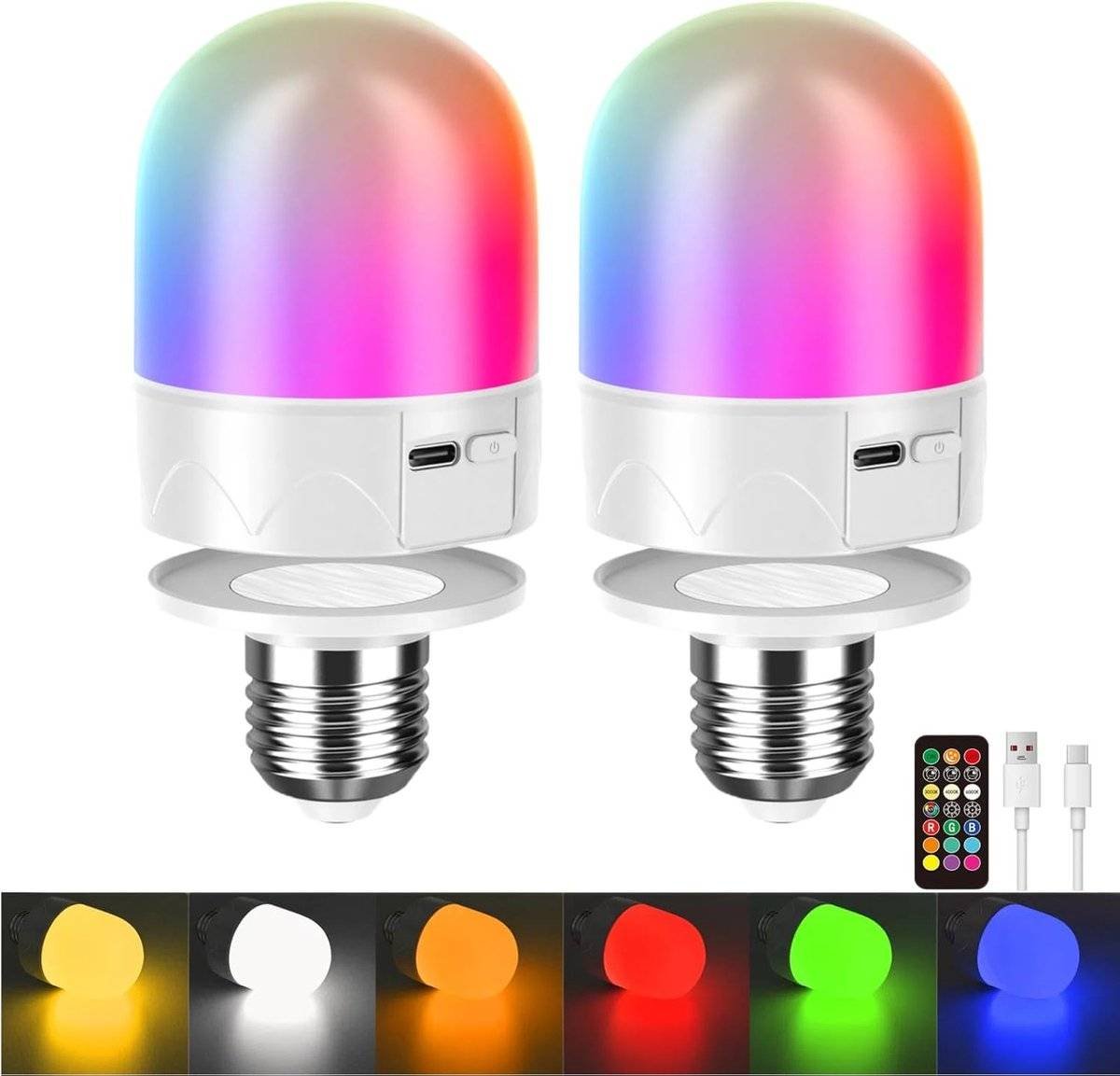 Set of 2 USB rechargeable bulbs with remote control - Battery-operated lamp bulbs - Rechargeable RGB color-changing bulbs - 12 color temperatures - Adjustable brightness - Wireless night light - 800 lm