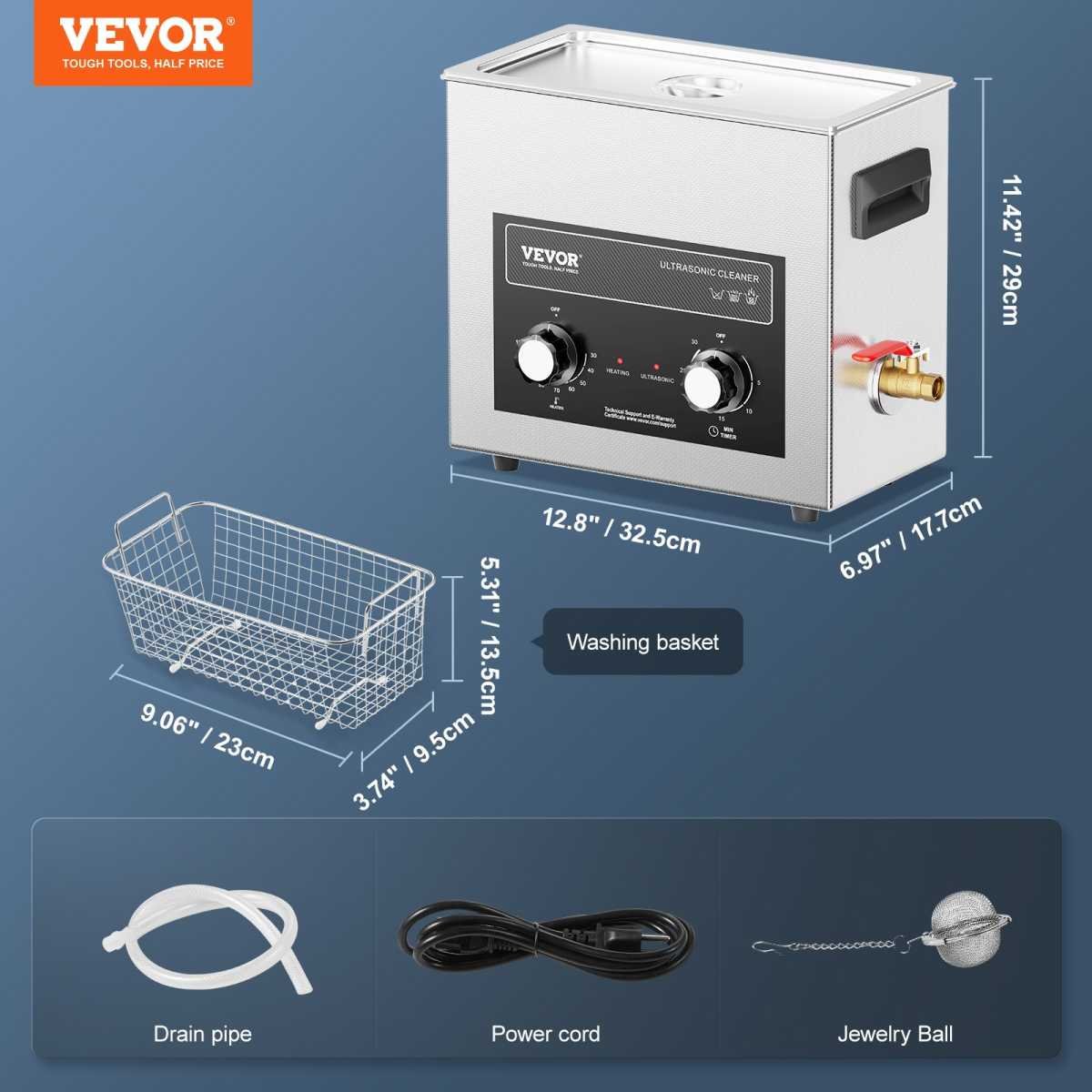 VEVOR 6L Ultrasonic Cleaner with Heater Timer & Basket, Professional Digital Sonic Cavitation Machine, 180W Cleaning Machine for Watch Instruments, Glasses, Coin, Metal Parts, Tool
