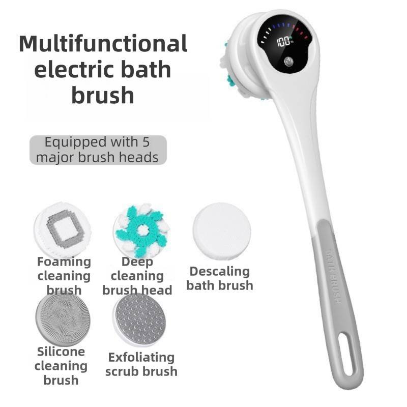 Grey Electric 360°Rotating Shower Brush with Long Handle for Back Scrubbing(43CM) - IPX7 Waterproof & Premium Silicone & PA Bristles