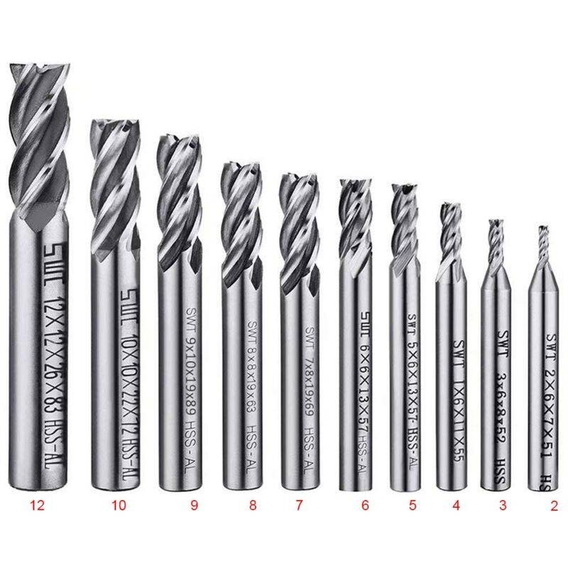 10 pcs 4 Flute End Mill Bit Set - 2-12Mm Hss Straight Shank Drill Bit Set Cnc Drill Bits Tool Set For Wood Aluminum
