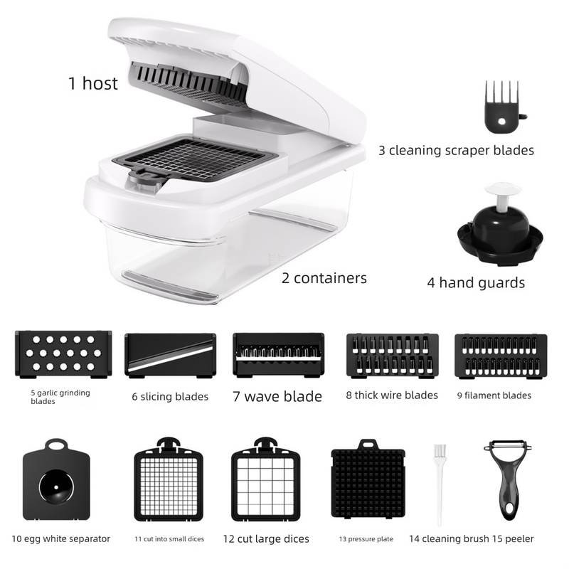 White Multifunctional Vegetable Slicer – Manual Kitchen Cutter with Adjustable Blades for Slicing, Dicing, Shredding, Garlic Grinding, and Egg White Separation