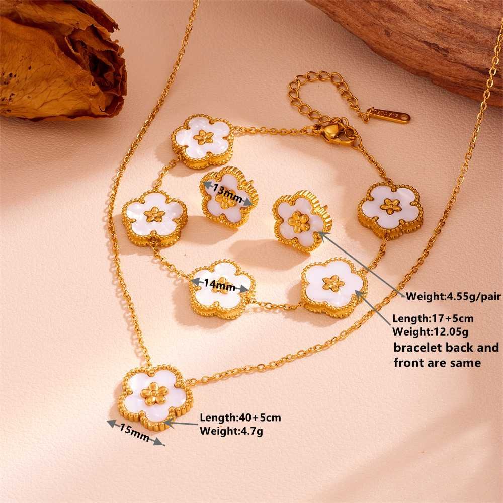 White Shell Five-Petal Flower Stud Earrings - 18K Gold Plated Stainless Steel Floral Jewellery for Women - Hypoallergenic & Tarnish Resistant (13mm)