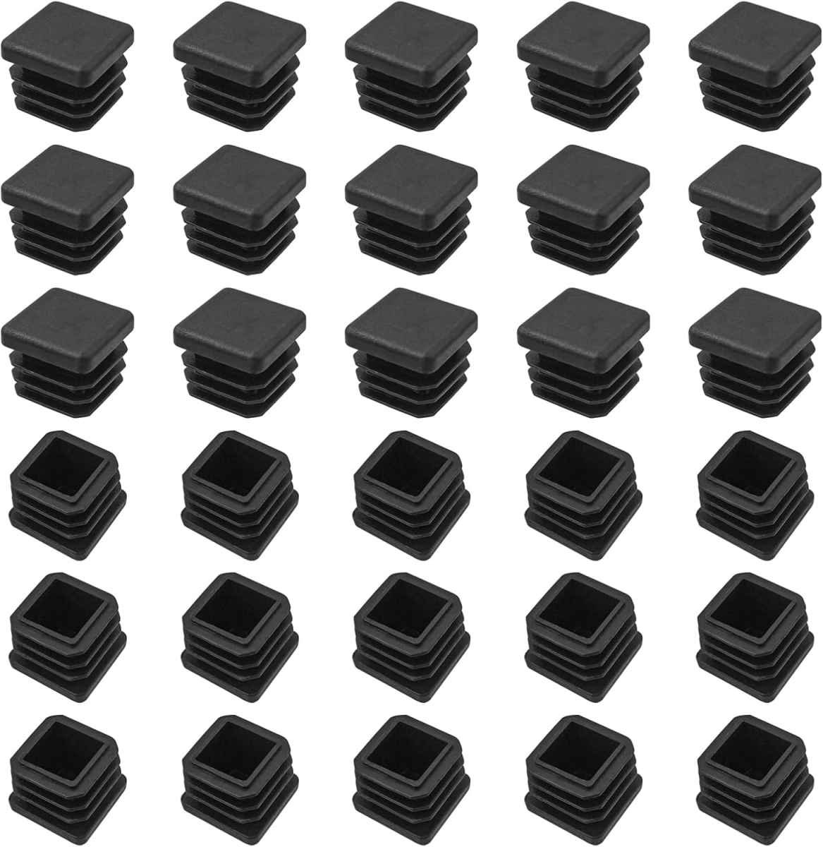 Square Tube Caps 20x20 mm - Set of 30 - Black - Insert Caps for Furniture & Chairs