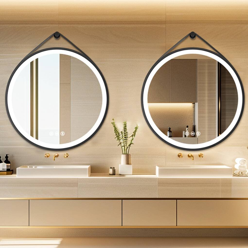 Round 700mm LED Bathroom Mirror with Leather Strap - Anti-Fog Dimmable Backlit Vanity Mirror - Wall Hanging Lighted Mirror