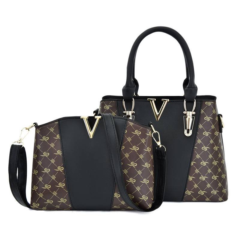 2 PCS Women's Handbag Set PU Leather Tote & Crossbody Purse Fashion Splicing Design Black