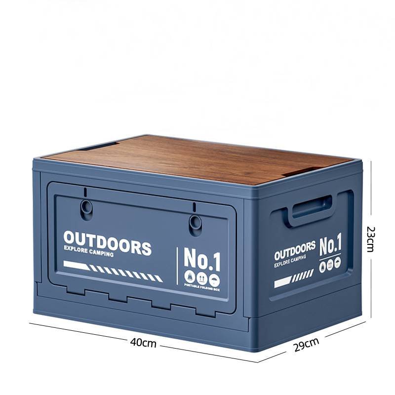 40cm Blue Multifunctional Foldable Storage Box with Wooden Lid - Collapsible Outdoor Camping Crate, Stackable Home Organizer with Side-Opening Doors for Car Trunk, Picnic and Pantry