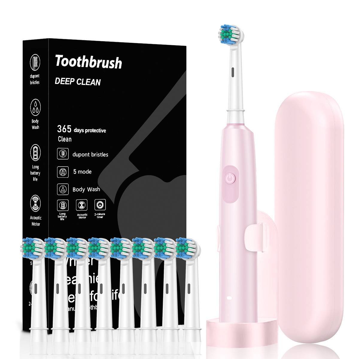 Pink Rotating Round Head Electric Toothbrush Kit with 8 Heads, Case & Stand - 3D Oscillating Mechanical Cleaning for Deep Plaque Removal