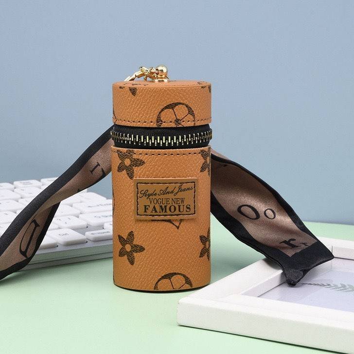 Khaki Mini Cylinder Lipstick Case Keychain with Silk Scarf Charm PU Leather Coin Purse Bag Pendant for Earphones Keys Vintage Floral Pattern