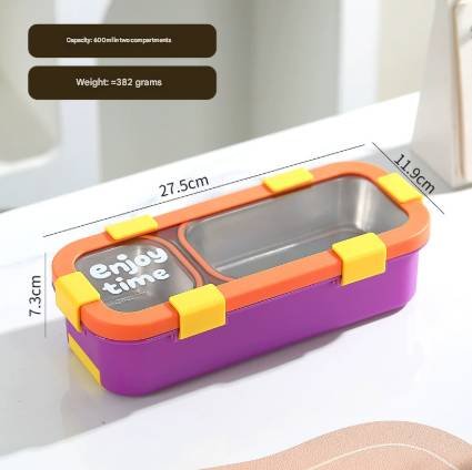 Orange Premium 2-Compartment Stainless Steel Lunch Box - 600ml Leak-Proof Bento Box for School and Office - Portable Meal Container for Students and Professionals