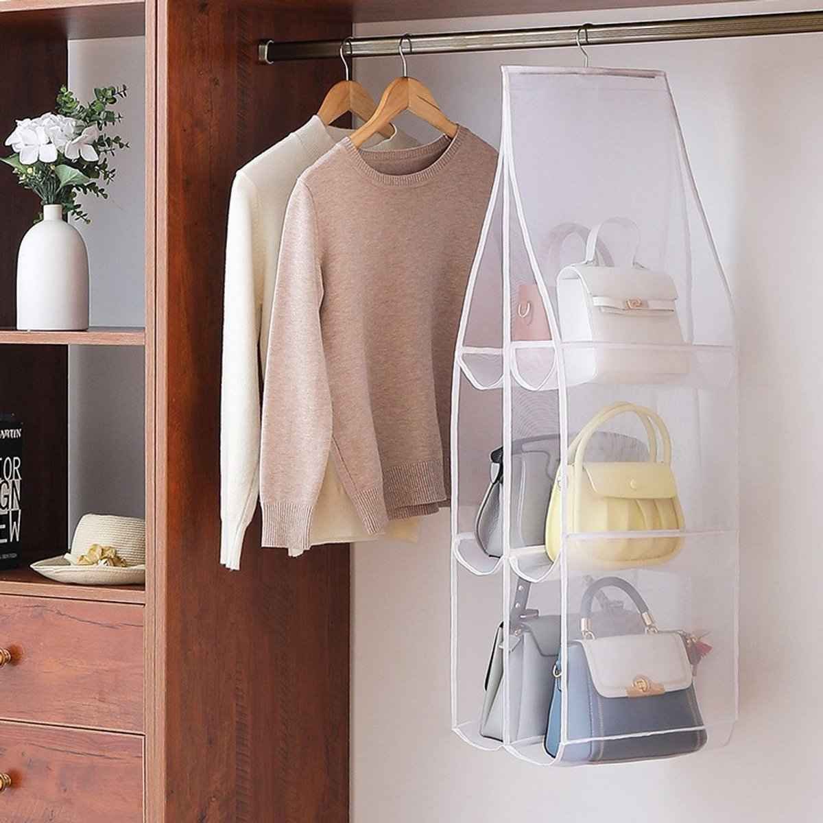 Hanging storage shelf - Closet organizer - Wardrobe organizer - 6 compartments - Suitable for handbags, clothes and toys (set of 3)