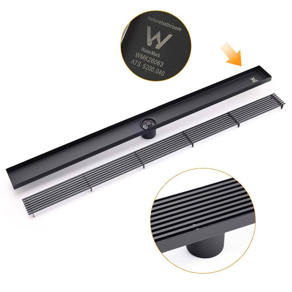 Matt Black 900mm Long Strip Fence Shower Grate Floor Drain 50mm Waste Watermark