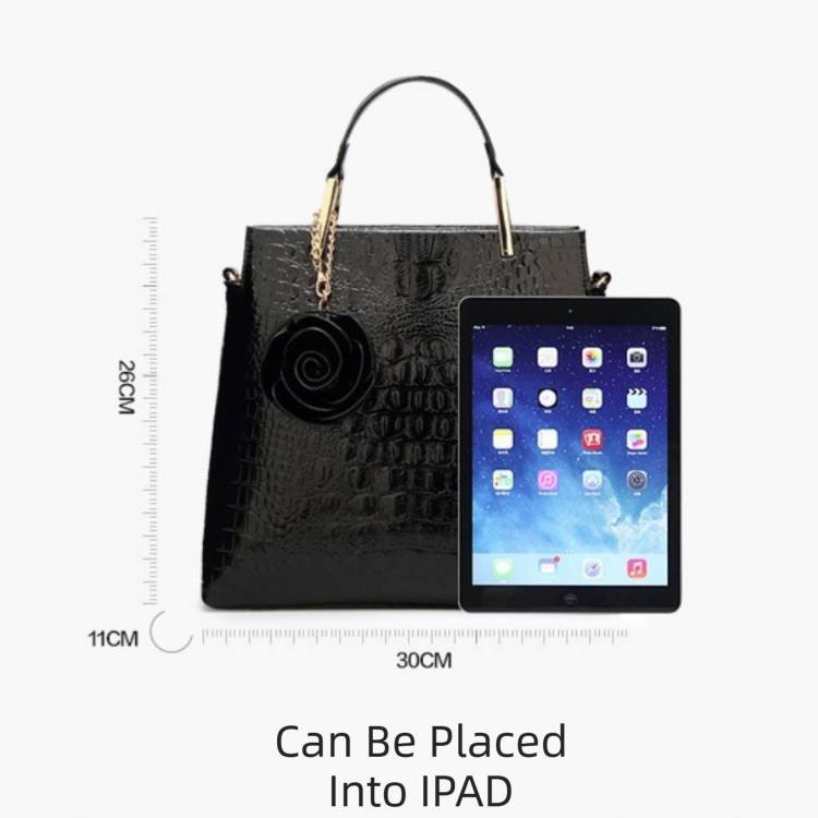 Wine Red Patent PU Leather Crocodile Embossed Shell Bag(30 x 11 x 26 CM) with Floral Pendant