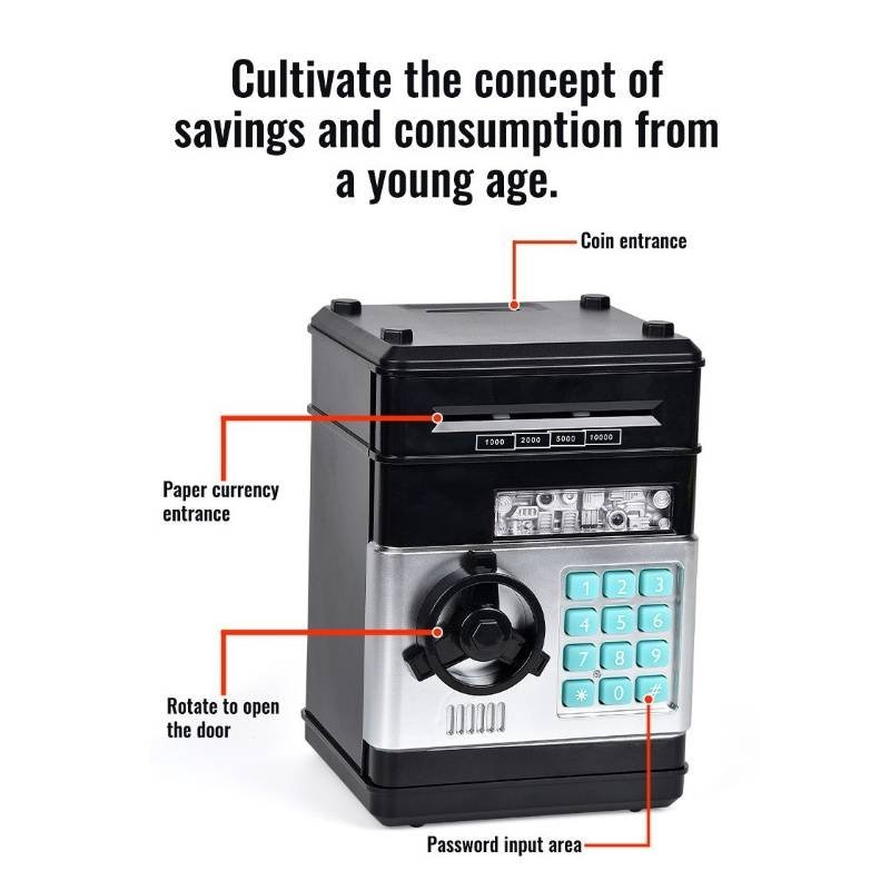 2-Piece Black Smart ATM Piggy Banks - Kids Electronic Money Safe with Password Lock & Auto-Roll in/out Feature