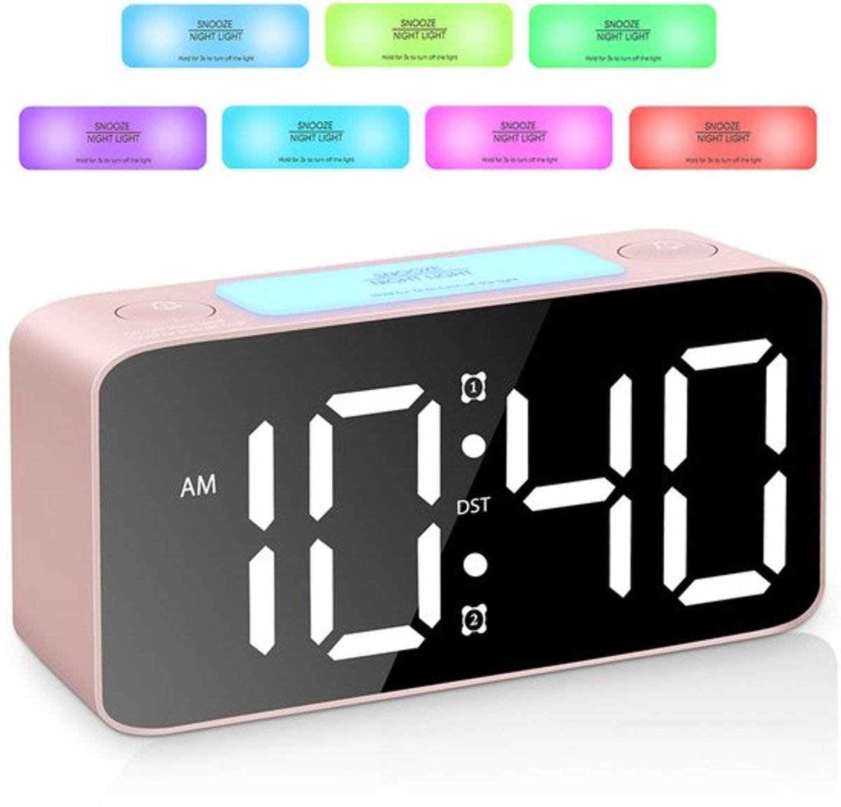 Digital Night Light - Klok Extra Powerful - 7 Colors - Ideal for Heavy Sleepers - Adjustable Volume and USB Charging - Place on the Bedside Table - Pink