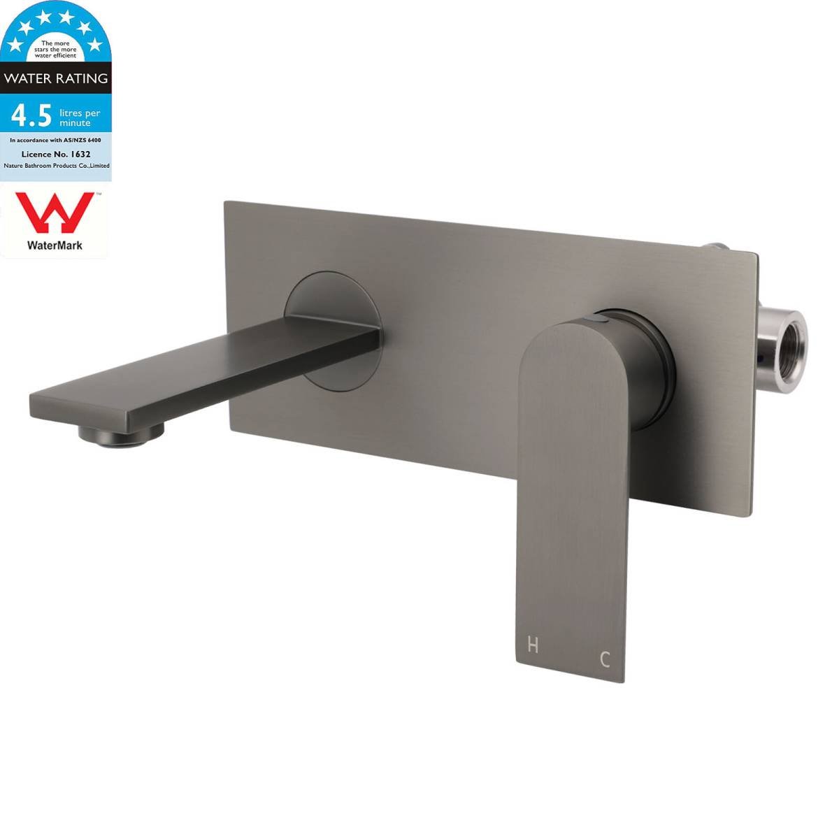 WELS 4.5L/m Gun Metal Square Wall Mount Basin Mixer Laundry Faucet Tap Spout Set