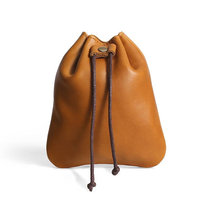 S Brown Handcrafted Genuine Leather Drawstring Pouch - Vintage Cowhide Coin Purse and Card Organizer - Portable Minimalist Storage Bag