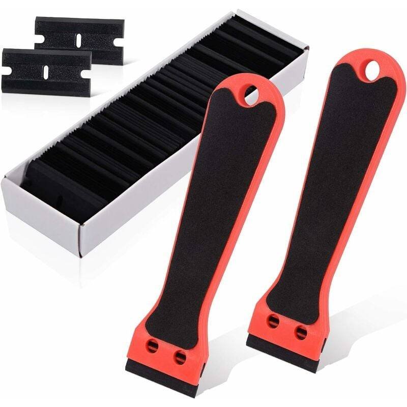 2 Plastic Scraper With 100 Squeegees, Long Handle Scrapers, For Removing Labels, Glue, Paint, Stickers And Decals, Red