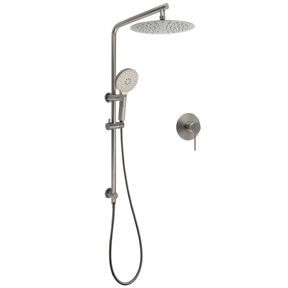 WELS Gun Metal Round 10" Twin Shower Head 3 Modes Handheld Slide Rail Diverter Mixer