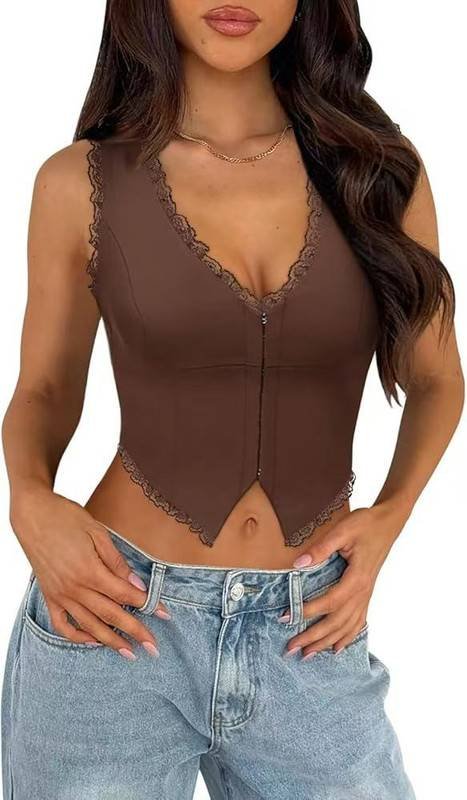 2-Pack Brown French Vintage Lace Splice Camisole(XL Size) - Slim Fit Halter Top with Back Detail and Button Placket