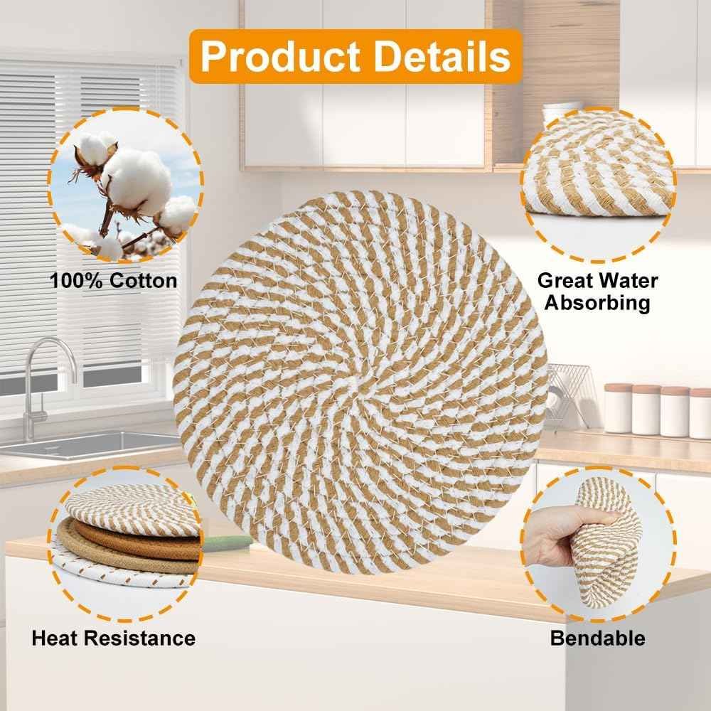 Cotton Coasters - Set of 4 - Woven Heat Resistant - 11cm Diameter