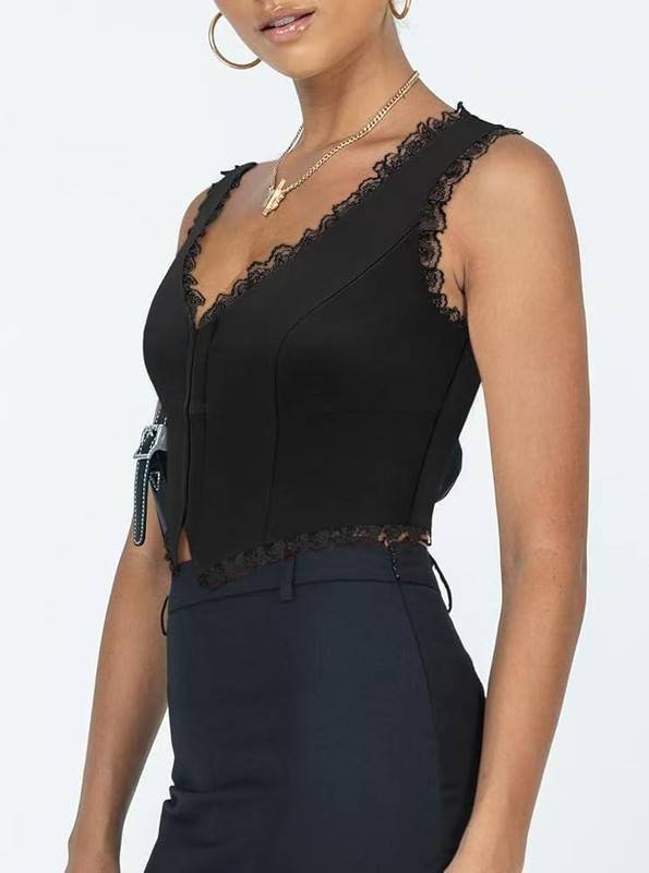 2-Pack Black French Vintage Lace Splice Camisole(2XL Size) - Slim Fit Halter Top with Back Detail and Button Placket
