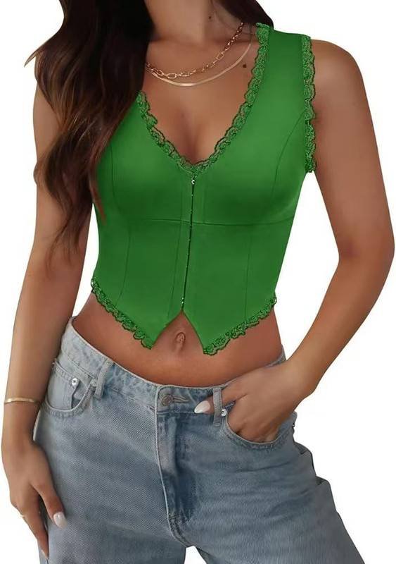 2-Pack Green French Vintage Lace Splice Camisole(M Size) - Slim Fit Halter Top with Back Detail and Button Placket