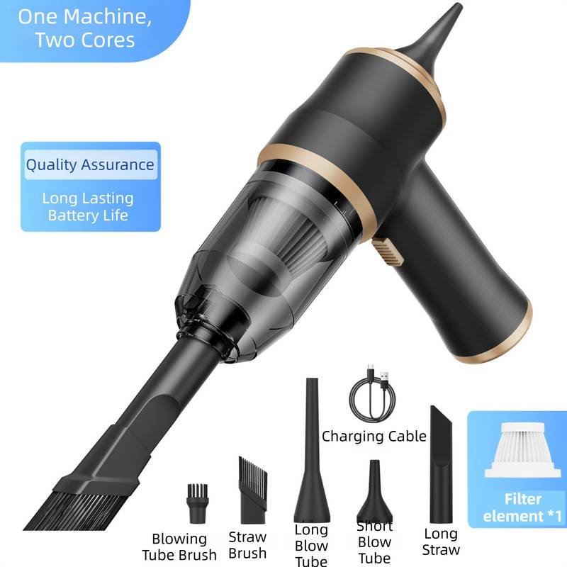 4-in1 Black Wireless Compact Handheld Car Vacuum Cleaner & Air Duster  with 5 Nozzles/Brushes- 15000 Pa Ultra-Powerful Blower/Suction Tool for Auto, Home & Office