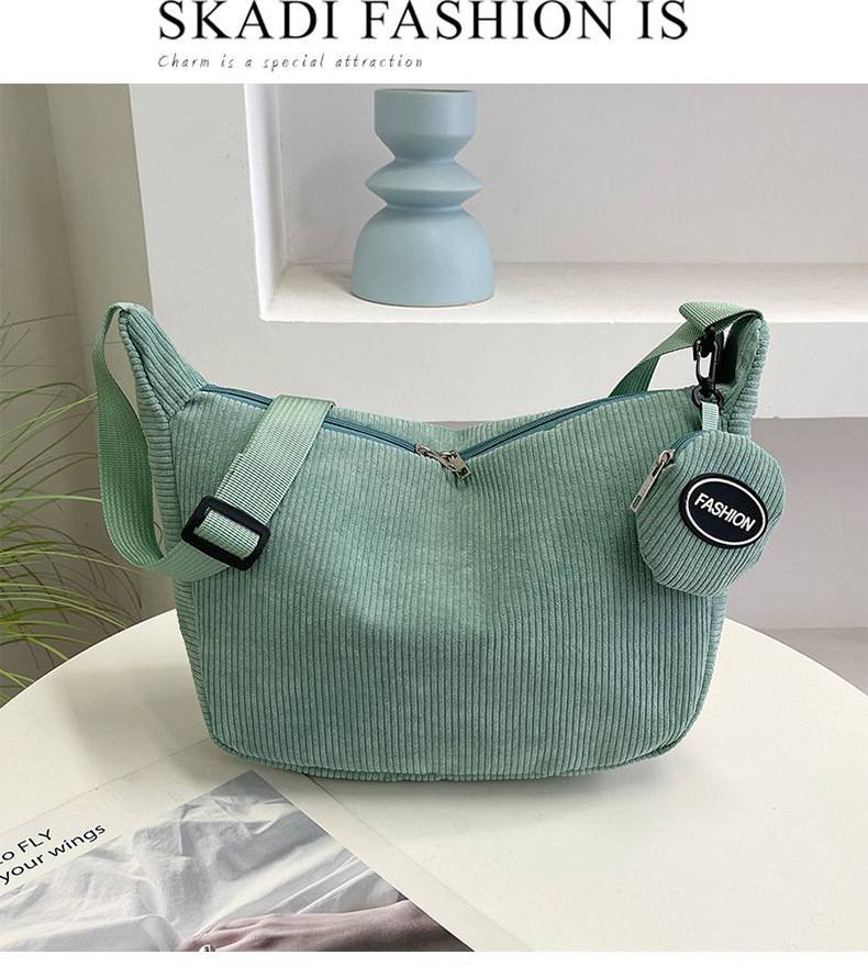 Black Minimalist Corduroy Crossbody Bag – Large Capacity Single Shoulder & Diagonal Sling Bag in Korean Style