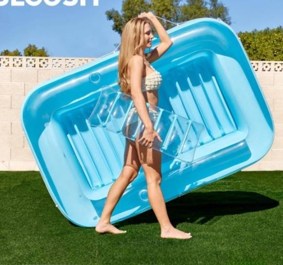 180x118CM Blue Transparent Inflatable Suntan Tub & Floating Pool Lounger with Dual Integrated Cup Holders and Pillow - Portable Sunbathing Pool for Lawn & Water