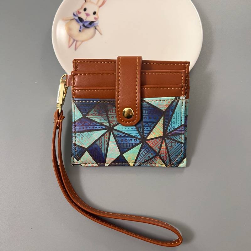 Blue Colorful Ethnic Mandala Pattern PU Leather Mini Card Holder with Wrist Strap and Buckle - Slim High-End Multi-Slot Card Sleeve for Daily Use