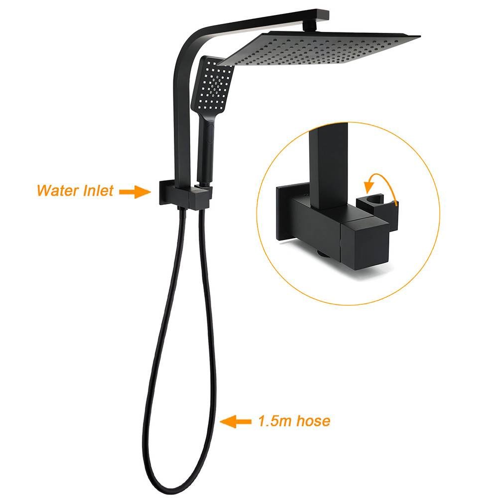 WELS Matt Black 10" Rain Shower Head 3 Mode Handheld Gooseneck Arm Diverter 2in1 Set