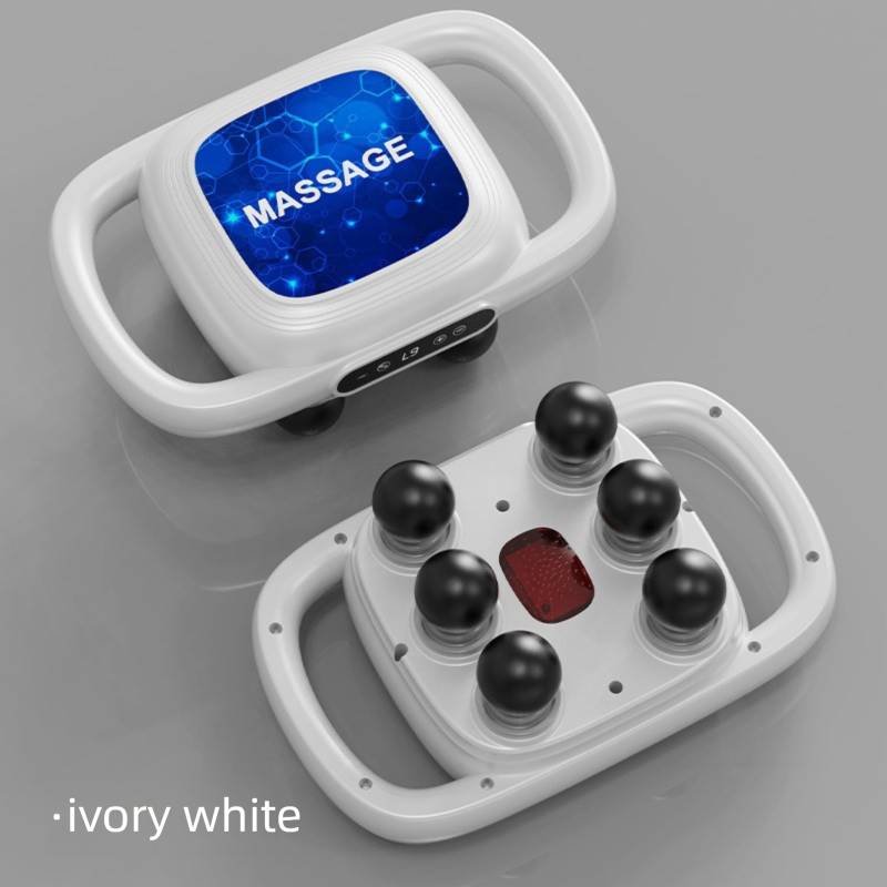 6-Head Deep Tissue Percussion Massager - Cordless Electric Muscle Gun with Red Light Therapy - 9 Speed Dual Handle Body Relaxer for Back & Legs - Ivory White