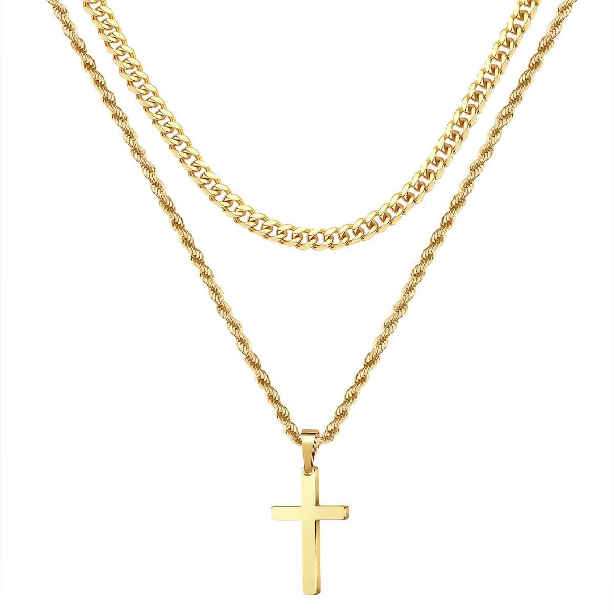 Double Layer Gold Tone Cross Pendant Necklace Set Cuban Link & Rope Chain 40-45cm Layered Fashion Jewellery