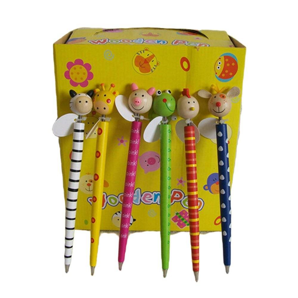 6x Wooden pens wit animal toy on tip