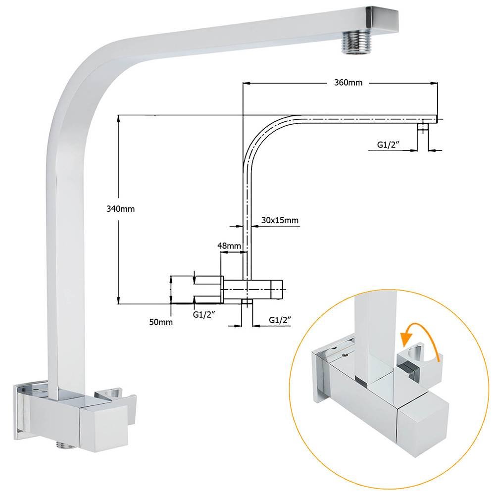 WELS Square Extra Large 16" Shower Head 3 Mode Handheld Diverter Wall Arm 2in1 Set + Taps